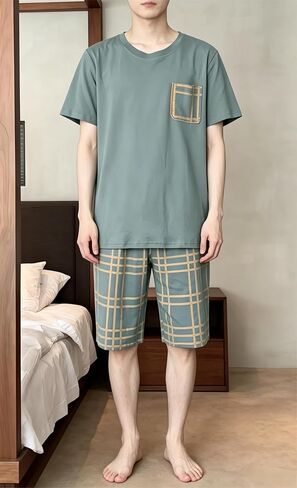 Men's Summer Pajamas Men Short Sleeves Shorts Sleepwear Men Round Collar Pajamas Set in Kuwait
