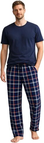 Men’s Cotton Pajama Set Short Sleeve T-Shirt Plaid Pants Sleepwear Loungewear Drawstring Waist Pockets Button Fly in Saudi Arabia