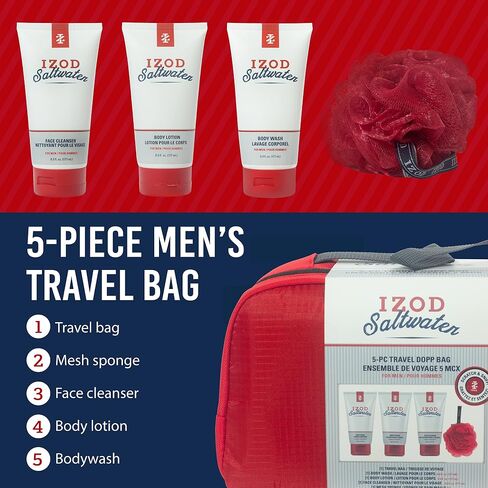 مجموعة حقائب أدوات الزينة IZOD 5 قطع Dopp Kit، حقيبة سفر/غسول الجسم/غسول الجسم/منظف الوجه/إسفنجة شبكية، سحاب مزدوج السحب، مجموعة ألعاب القوى (المياه المالحة) in Kuwait