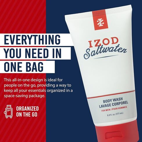 مجموعة حقائب أدوات الزينة IZOD 5 قطع Dopp Kit، حقيبة سفر/غسول الجسم/غسول الجسم/منظف الوجه/إسفنجة شبكية، سحاب مزدوج السحب، مجموعة ألعاب القوى (المياه المالحة) in Kuwait