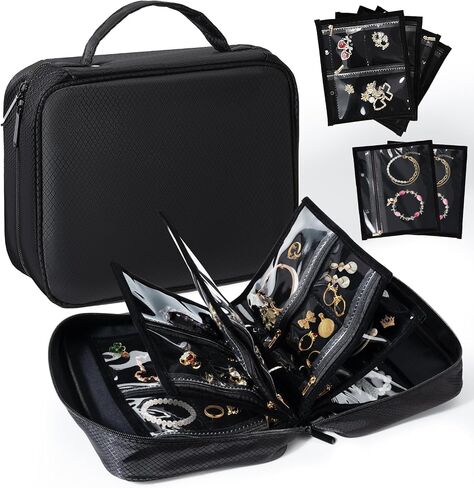 Travel Jewelry Organizer Case, Jewelry Storage Book Binder, Portable Transparent Jewelry Storage Bag with Zipper Velvet Pouch for Earrings, Rings, Necklace, Bracelet, Ideal for Gifts (Black) in Saudi Arabia