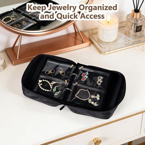 Travel Jewelry Organizer Case, Jewelry Storage Book Binder, Portable Transparent Jewelry Storage Bag with Zipper Velvet Pouch for Earrings, Rings, Necklace, Bracelet, Ideal for Gifts (Black) in Saudi Arabia