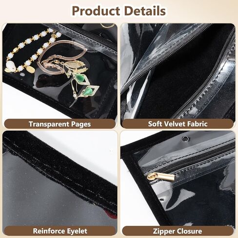 Travel Jewelry Organizer Case, Jewelry Storage Book Binder, Portable Transparent Jewelry Storage Bag with Zipper Velvet Pouch for Earrings, Rings, Necklace, Bracelet, Ideal for Gifts (Black) in Saudi Arabia
