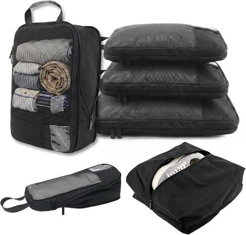 6-Piece Compression Packing Cubes for Travel, Oxford Luggage Organizers for Suitcases, Expandable Space Saving Travel Essentials with Double-Layer Shoe Bag, Pink in Kuwait