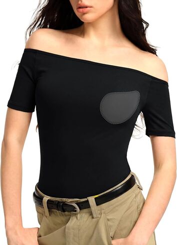 3 Ways-wear Built-in Bra Short Sleeve Shirts Boat Neck/Off Shoulder/One Shoulder Top Seamless Stretch Summer Going Out Tops in Saudi Arabia