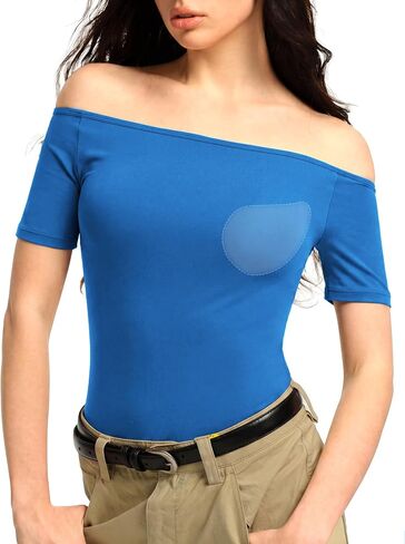 3 Ways-wear Built-in Bra Short Sleeve Shirts Boat Neck/Off Shoulder/One Shoulder Top Seamless Stretch Summer Going Out Tops in Kuwait