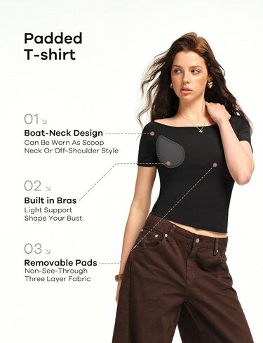3 Ways-wear Built-in Bra Short Sleeve Shirts Boat Neck/Off Shoulder/One Shoulder Top Seamless Stretch Summer Going Out Tops in Kuwait