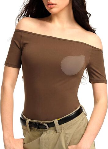 3 Ways-wear Built-in Bra Short Sleeve Shirts Boat Neck/Off Shoulder/One Shoulder Top Seamless Stretch Summer Going Out Tops in Kuwait