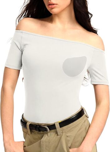 3 Ways-wear Built-in Bra Short Sleeve Shirts Boat Neck/Off Shoulder/One Shoulder Top Seamless Stretch Summer Going Out Tops in Kuwait
