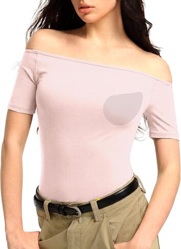 3 Ways-wear Built-in Bra Short Sleeve Shirts Boat Neck/Off Shoulder/One Shoulder Top Seamless Stretch Summer Going Out Tops in Kuwait