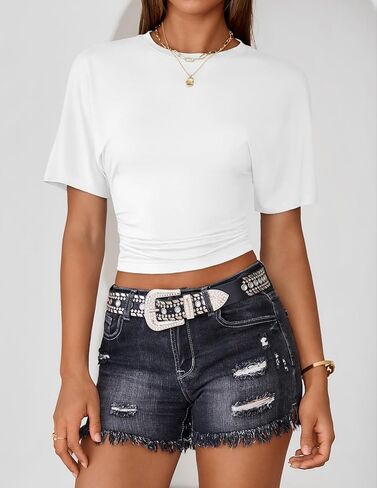ZESICA Women's Cinched Waist Short Sleeve Crop Tops 2026 Summer Ruched Fitted Basic T Shirts in Kuwait