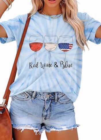 Patriotic Shirts for Women Red White and Blue Shirts American Flag Shirt 4th of July Tops Funny Wine Glass Graphic Tees in Kuwait
