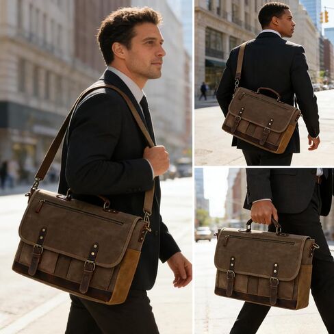 Vintage Messenger Bag, Heavy Duty Waxed Canvas & Genuine Leather Briefcase for Men in Saudi Arabia