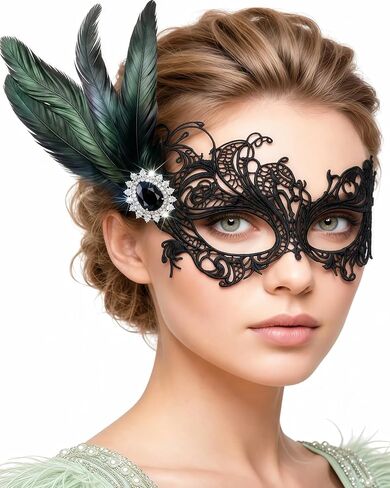 Masquerade Mask for Women, Black Lace Venetian Feather Mask with Rhinestones, 1920s Mardi Gras Halloween Prom Ball in Saudi Arabia