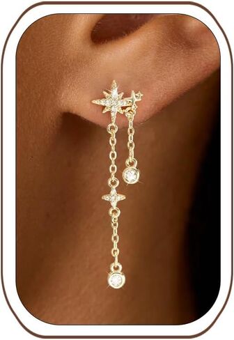 LLWOM 14K Gold/White Gold Plated CZ/Flower/North Star/Leaf Dangle Drop Earrings Studs for Women, Statement Earrings for Wedding Party Prom, Hypoallergenic Jewelry Gift in Saudi Arabia