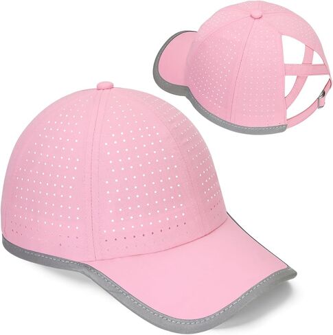 Girls' Criss-Cross Ponytail Baseball Cap, Laser Perforated Mesh, Reflective Brim Quick Dry UV Protection for Kids 4-12Y in Saudi Arabia