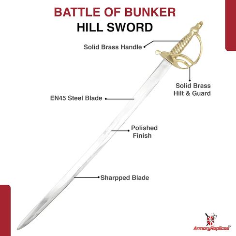 Armory Replicas™ 1776 Battle of Bunker Hill Sword – 36-Inch EN45 Steel Blade with Brass Hilt, Historical Replica in Kuwait