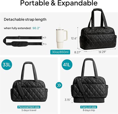 TOPEAST Duffel Bag for Women Travel, Expandable Quilted Weekender Overnight Duffle Bag with Adjustable Strap, Lightweight 33L Personal Item Bag Hospital Bags for Labor and Delivery, Black in Saudi Arabia