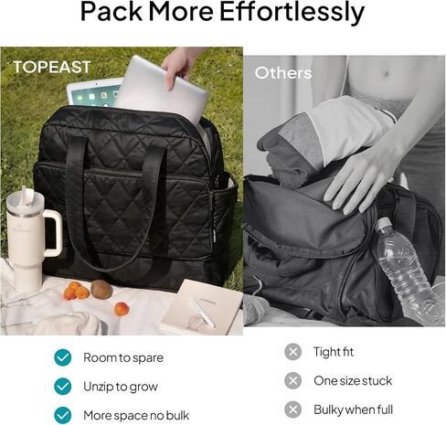 TOPEAST Duffel Bag for Women Travel, Expandable Quilted Weekender Overnight Duffle Bag with Adjustable Strap, Lightweight 33L Personal Item Bag Hospital Bags for Labor and Delivery, Black in Saudi Arabia