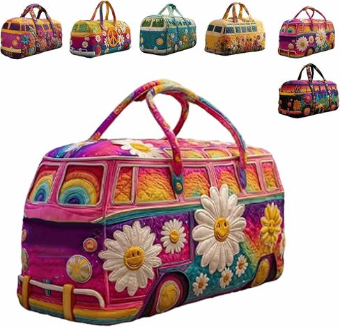 Hippie Van Quilted Duffle Bag, Boho Travel Weekender Bag with Strap, Retro Style for Everyday Travel in Saudi Arabia