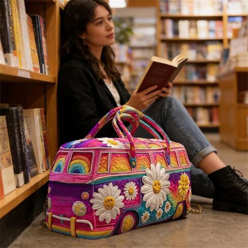 Hippie Van Quilted Duffle Bag, Boho Travel Weekender Bag with Strap, Retro Style for Everyday Travel in Saudi Arabia