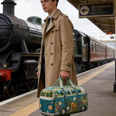 Hippie Van Quilted Duffle Bag, Boho Travel Weekender Bag with Strap, Retro Style for Everyday Travel in Saudi Arabia