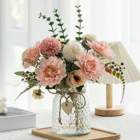 Fake Flowers with Vase,Faux Flowers in Vase for Home Decor,Silk Pink Dahlia Artificial Flowers with Vase for Coffee Table Decor,Living Room Bathroom Plant Decor, Centerpiece Table Decorations in Saudi Arabia