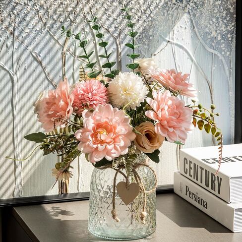 Fake Flowers with Vase,Faux Flowers in Vase for Home Decor,Silk Pink Dahlia Artificial Flowers with Vase for Coffee Table Decor,Living Room Bathroom Plant Decor, Centerpiece Table Decorations in Saudi Arabia