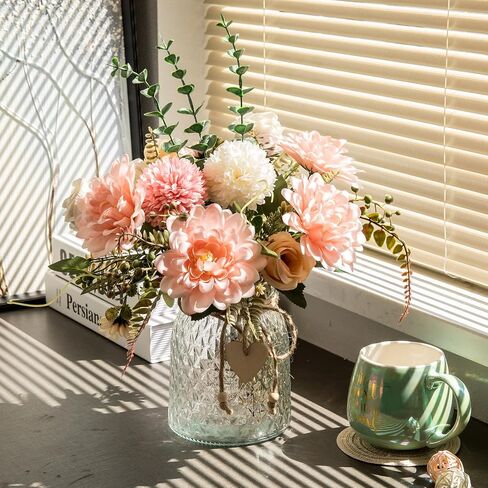 Fake Flowers with Vase,Faux Flowers in Vase for Home Decor,Silk Pink Dahlia Artificial Flowers with Vase for Coffee Table Decor,Living Room Bathroom Plant Decor, Centerpiece Table Decorations in Saudi Arabia