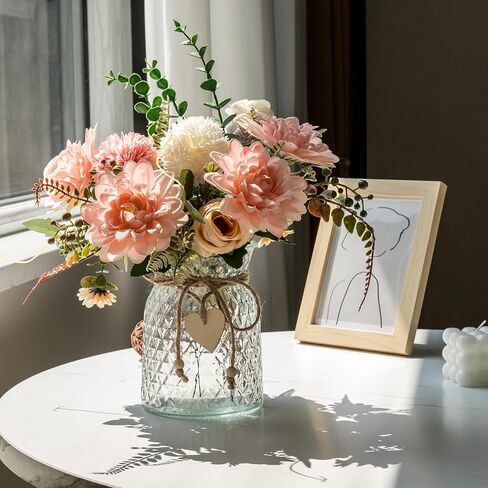 Fake Flowers with Vase,Faux Flowers in Vase for Home Decor,Silk Pink Dahlia Artificial Flowers with Vase for Coffee Table Decor,Living Room Bathroom Plant Decor, Centerpiece Table Decorations in Saudi Arabia