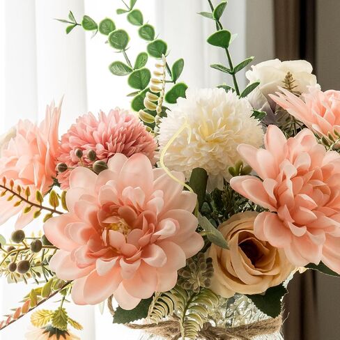 Fake Flowers with Vase,Faux Flowers in Vase for Home Decor,Silk Pink Dahlia Artificial Flowers with Vase for Coffee Table Decor,Living Room Bathroom Plant Decor, Centerpiece Table Decorations in Saudi Arabia