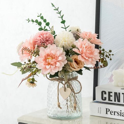 Fake Flowers with Vase,Faux Flowers in Vase for Home Decor,Silk Pink Dahlia Artificial Flowers with Vase for Coffee Table Decor,Living Room Bathroom Plant Decor, Centerpiece Table Decorations in Saudi Arabia