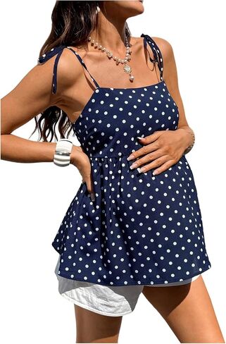 MakeMeChic Women's Maternity Cami Top Polka Dots Tie Shoulder Ruffle Smocked Sleeveless Summer Tops in Kuwait