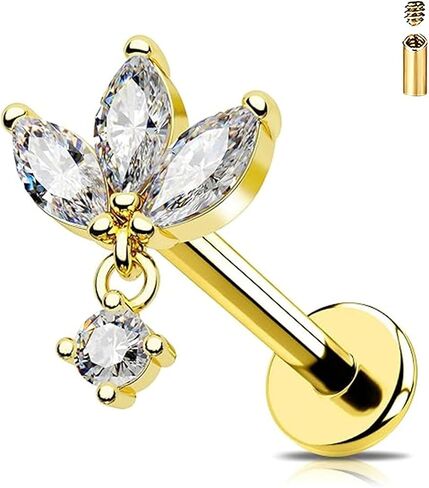 Titanium Flat-Back Nose Earrings Stud - 16G/18G Gold/Silver Internally Threaded Nose Ring Studs Cartilage Helix Tragus Conch CZ Leaf Screw Back Earring Piercing Jewelry Gifts for Women Mom Girlfriend in Saudi Arabia