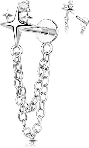 OUFER 16G مسمار غضروف مسطح من الخلف فضي/ذهبي بدون خيط مع سلسلة مزدوجة متدلية، حلزون مكعب زركونيا نجمي/محارة/تراجوس لابريت، ذهبي PVD على 316L من الفولاذ المقاوم للصدأ خالٍ من النيكل، عمود 6 مم in Kuwait