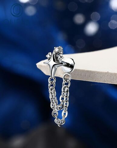 OUFER 16G مسمار غضروف مسطح من الخلف فضي/ذهبي بدون خيط مع سلسلة مزدوجة متدلية، حلزون مكعب زركونيا نجمي/محارة/تراجوس لابريت، ذهبي PVD على 316L من الفولاذ المقاوم للصدأ خالٍ من النيكل، عمود 6 مم in Kuwait
