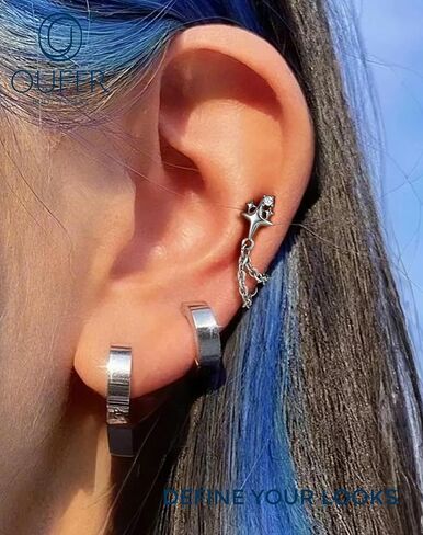 OUFER 16G مسمار غضروف مسطح من الخلف فضي/ذهبي بدون خيط مع سلسلة مزدوجة متدلية، حلزون مكعب زركونيا نجمي/محارة/تراجوس لابريت، ذهبي PVD على 316L من الفولاذ المقاوم للصدأ خالٍ من النيكل، عمود 6 مم in Kuwait