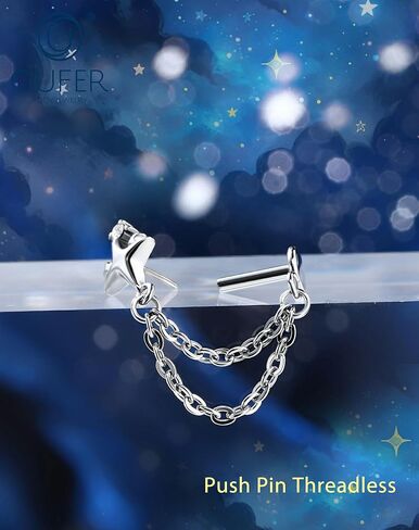 OUFER 16G مسمار غضروف مسطح من الخلف فضي/ذهبي بدون خيط مع سلسلة مزدوجة متدلية، حلزون مكعب زركونيا نجمي/محارة/تراجوس لابريت، ذهبي PVD على 316L من الفولاذ المقاوم للصدأ خالٍ من النيكل، عمود 6 مم in Kuwait