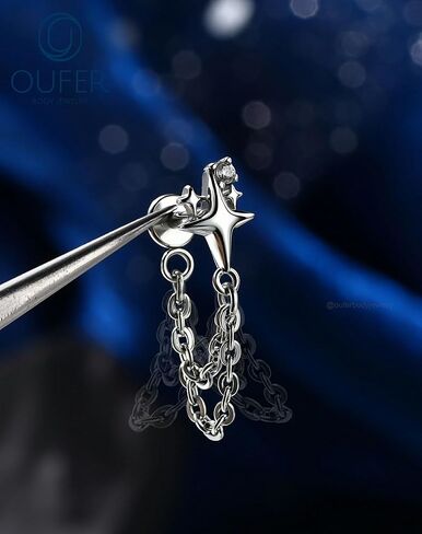 OUFER 16G مسمار غضروف مسطح من الخلف فضي/ذهبي بدون خيط مع سلسلة مزدوجة متدلية، حلزون مكعب زركونيا نجمي/محارة/تراجوس لابريت، ذهبي PVD على 316L من الفولاذ المقاوم للصدأ خالٍ من النيكل، عمود 6 مم in Kuwait