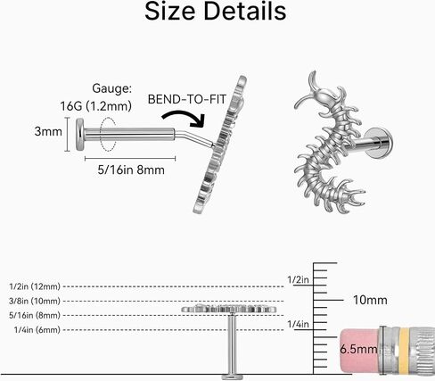 ASTM F136 Titanium Centipede Flat Back Earrings 16G 8mm for Tragus Helix Conch in Saudi Arabia