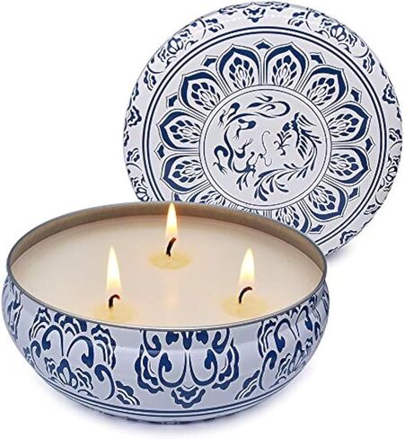 Citronella Candle Outdoor Large 3 Wick 13.5oz Soy Wax Candle with Lid in Blue and White Container for Patio Porch, 75 Hour Burn in Saudi Arabia