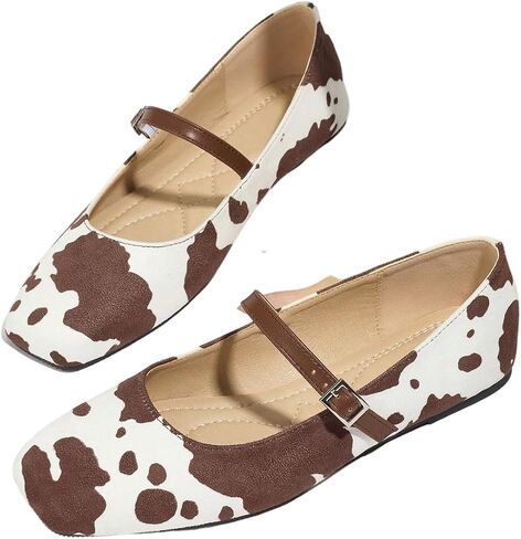 GORGLITTER Women's Cow Print Ballet Flats Dressy Square Toe Casual Shoes Slip on Leather Dress Shoes in Kuwait