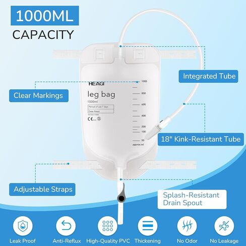 3 Pack Catheter Bags, 1000mL/33.8oz, Easy-Tap Leg Bag Urinary Drainage Bag, Anti-Reflux Valve with Cloth Foot Straps, Advanced Flip Drain for Easy Disposal, Foley Leg Bag for Men & Women, 18" Tubing in Saudi Arabia
