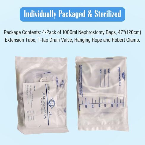 4-Pack 1000ml Nephrostomy Bag, Disposable Urine Drainage Bag with 47" Silicone Tube, T-Tap Drain Valve, Anti-Reflux Valve, Robert Clamp in Saudi Arabia