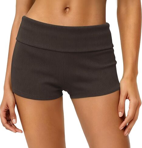 Clarisbelle Women's Ribbed Fold Over Elastic Waist Micro Mini Shorts Y2K Lounge Sleepwear in Kuwait