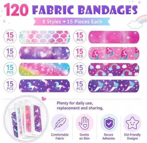 Funtery 8 Styles Kids Fabric Bandages Flexible Self Adhesive Bandage Wrap for Cuts Scrapes Wounds Burns Baby Child Toddlers, Assorted Patterns in Kuwait