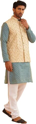 Sojanya (Since 1958 Men'S Silk Blend Peacock Blue Kurta With Pyjama & Beige Nehru Jacket in Kuwait