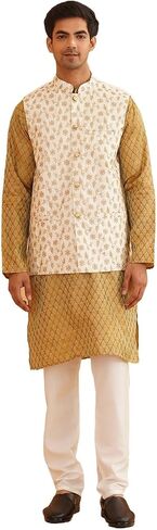 Sojanya (Since 1958 Men'S Ethnic Motifs Silk Blend Mustard Kurta With Pyjama & Cream Nehru Jacket in Kuwait