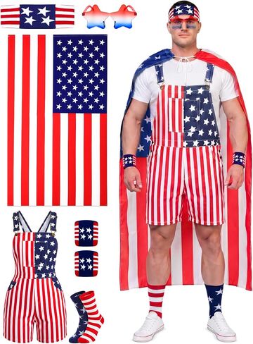 Yahenda 250 Year American Flag Overalls Men's 6-piece Set Patriotic Overall Set with Cape Bandana Sunglasses Wristband Sock in Saudi Arabia