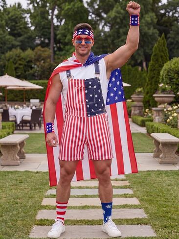 Yahenda 250 Year American Flag Overalls Men's 6-piece Set Patriotic Overall Set with Cape Bandana Sunglasses Wristband Sock in Saudi Arabia